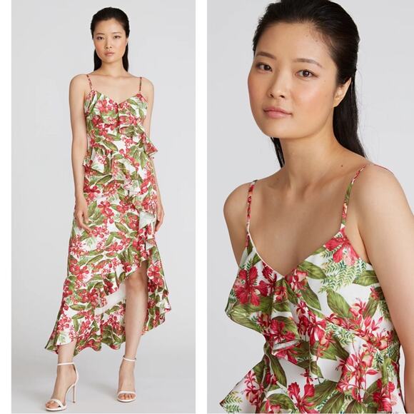 Amur Deborah High Low Ruffle Scarlet Tropical Floral Maxi Dress Size 6 - Picture 1 of 7